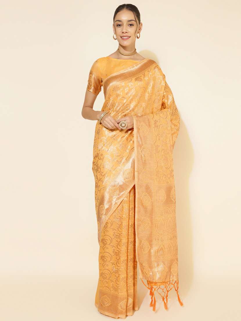 women's self design mustard colored saree with blouse
