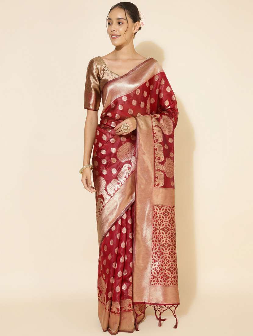 women's self design maroon colored saree with blouse