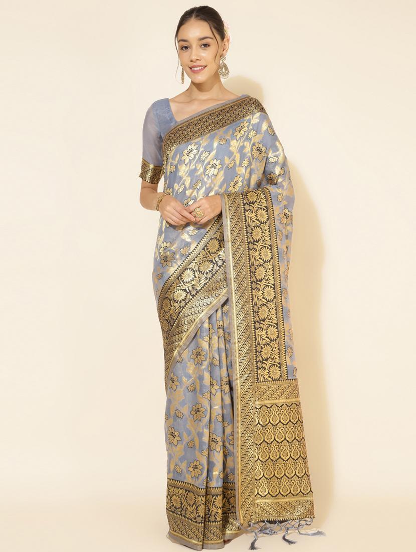 women's self design grey colored saree with blouse