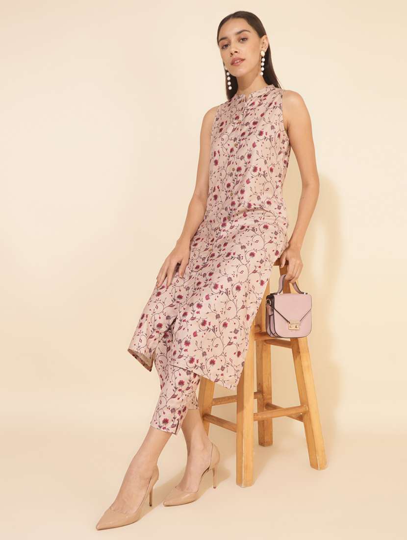 women beige mandarin neck co-ord sets - 20500995 -  Standard Image - 2