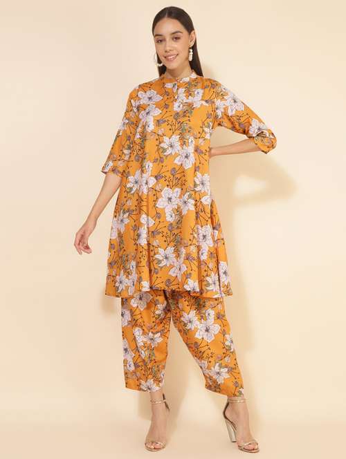 women mustard mandarin neck co-ord sets - 20500996 - Standard Image - 0