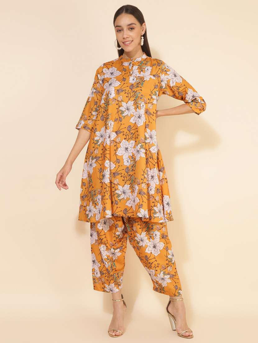 women mustard mandarin neck co-ord sets