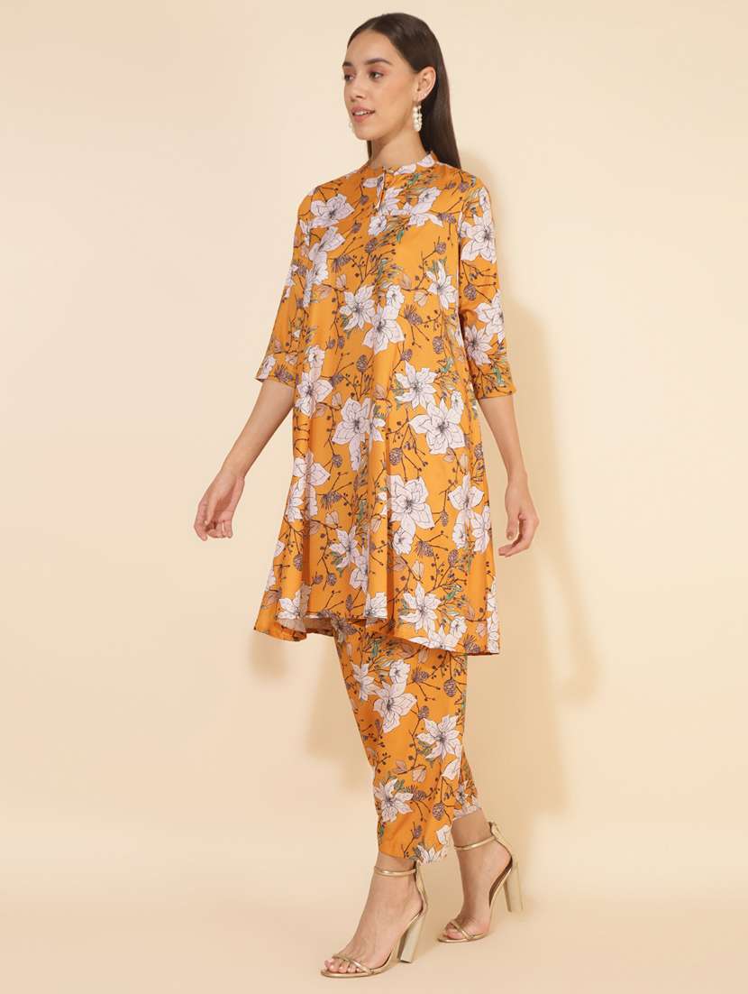 Women Mustard Mandarin Neck Co Ord Sets