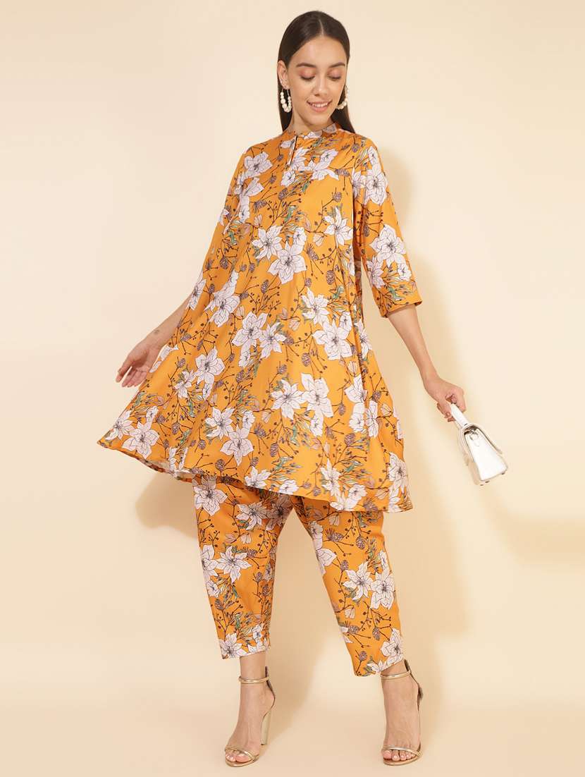 Women Mustard Mandarin Neck Co Ord Sets