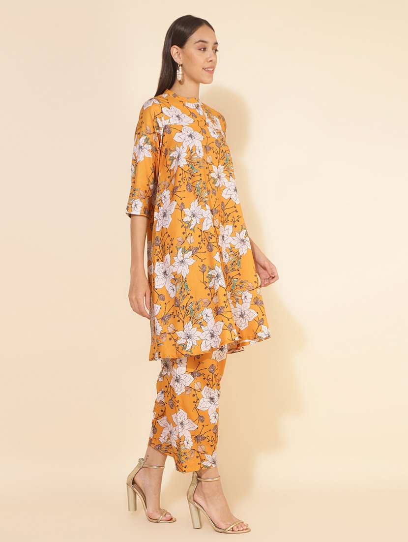 Women Mustard Mandarin Neck Co Ord Sets