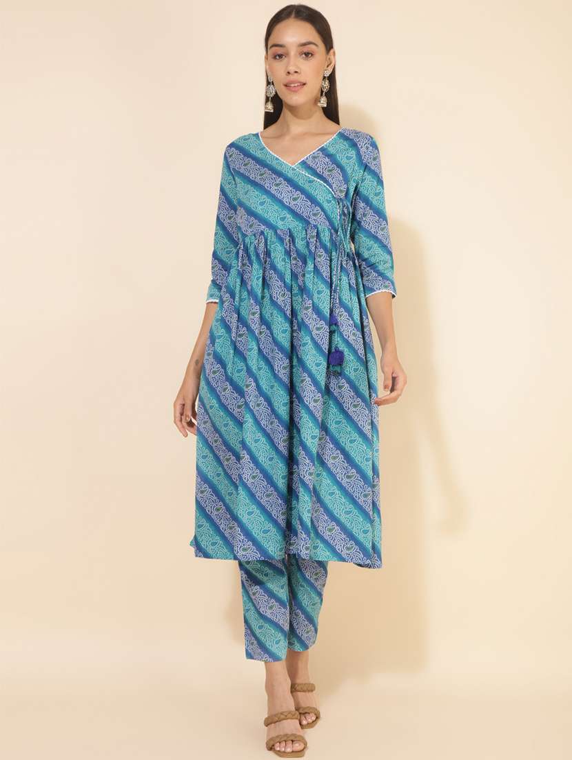 women blue bandhani v neck co-ord sets