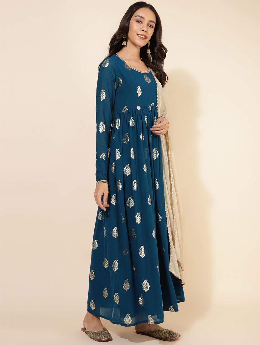 women blue round neck flared kurta - 20501156 - Standard Image - 2