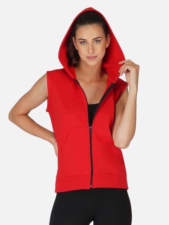 red solid sleeveless hooded jacket - 20501467 - Zoom Image - 0