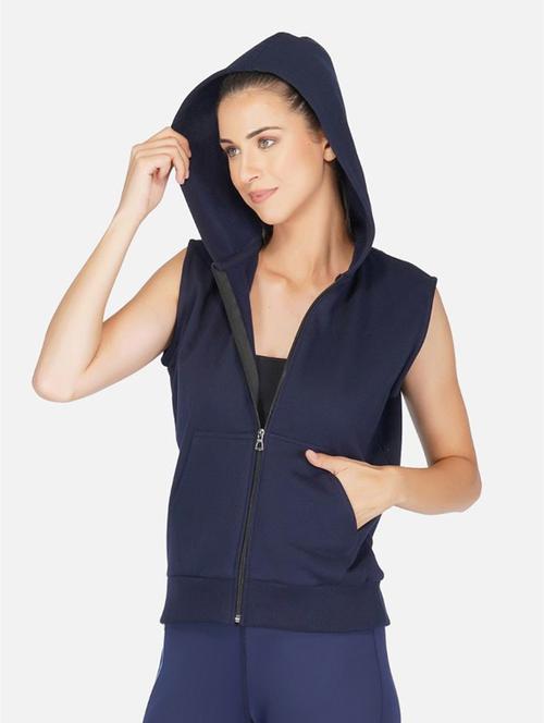 navy blue solid sleeveless hooded jacket - 20501469 - Standard Image - 0