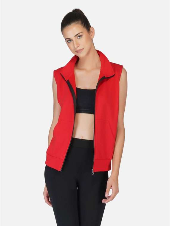 red solid sleeveless hooded jacket