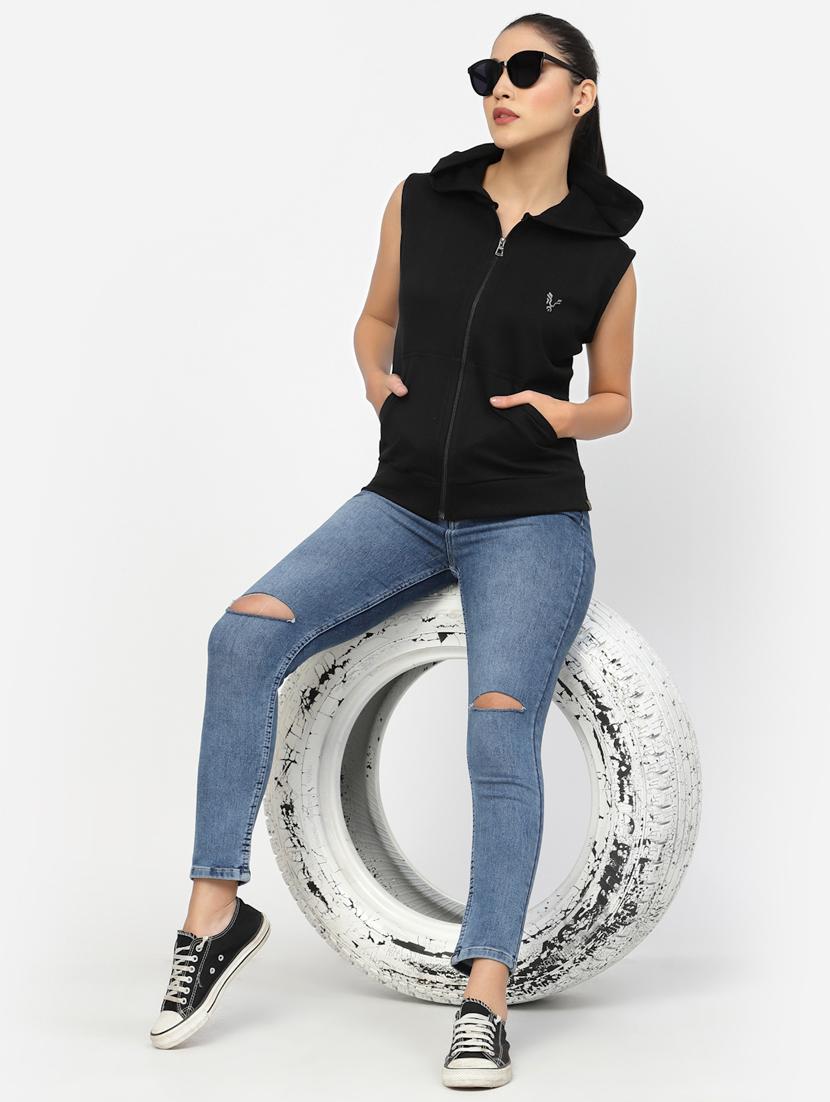 women black sleeveless zipper hoodie - 20501713 - Standard Image - 2