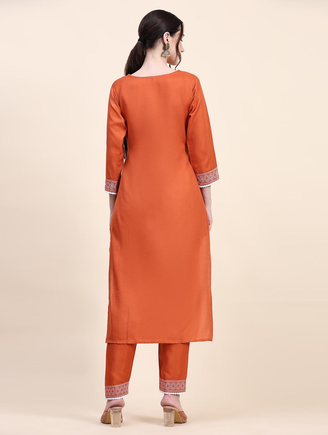 orange three quarter sleeve kurta pant set - 20502605 - Standard Image - 2