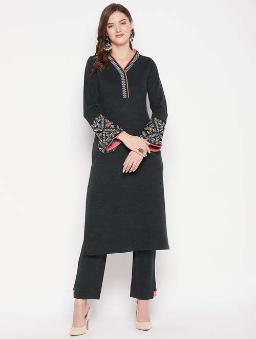 women long sleeve woollen kurta pant set - 20506616 -  Standard Image - 0