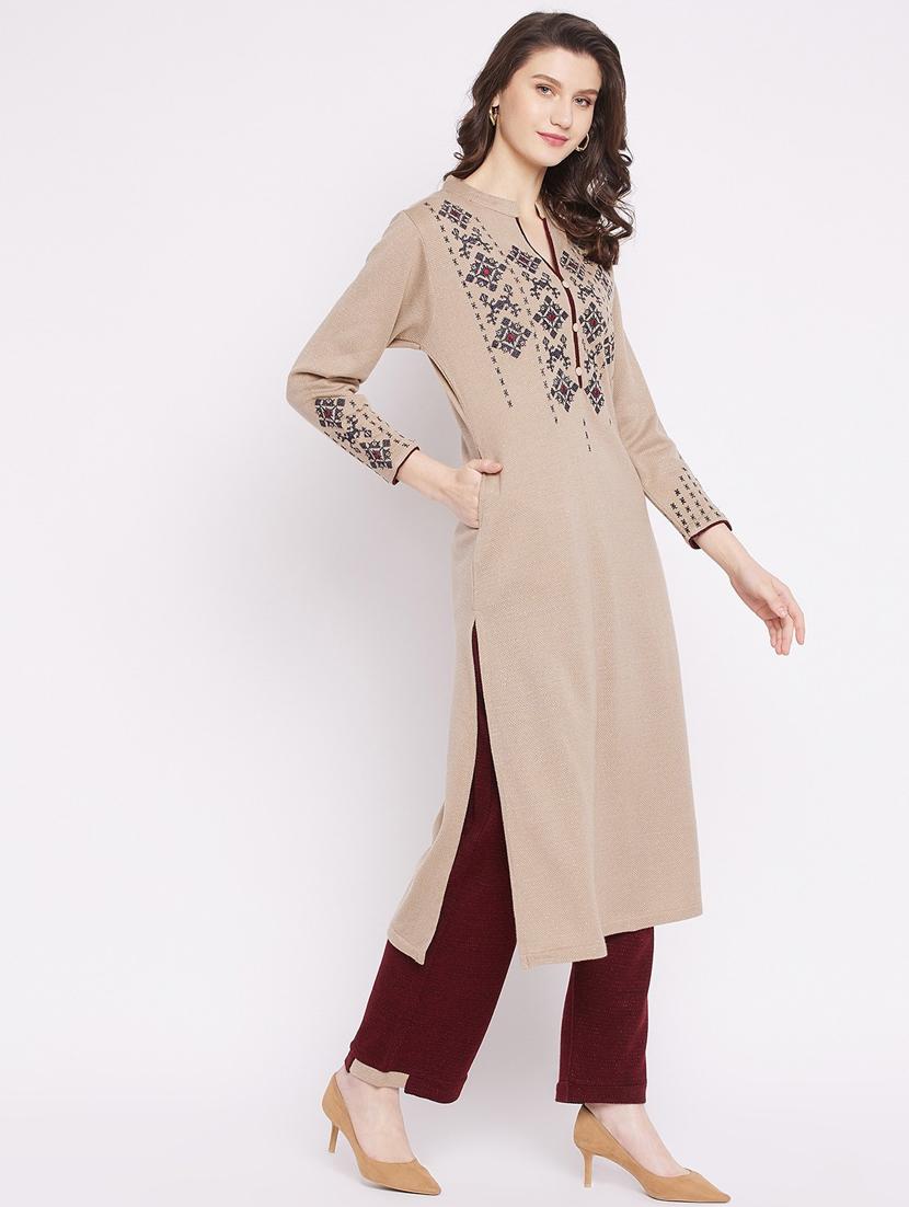 women beige mandarin neck kurta pant set - 20506634 - Standard Image - 2