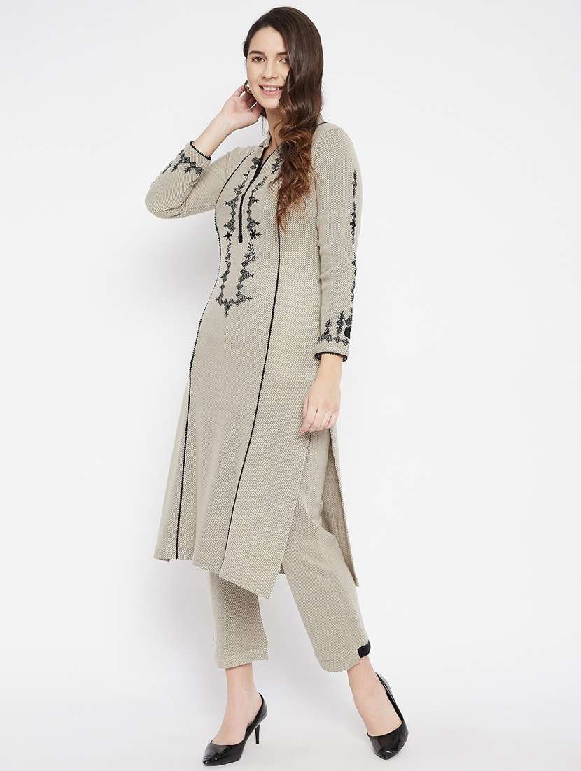 women long sleeve woollen kurta pant set - 20506638 - Standard Image - 2