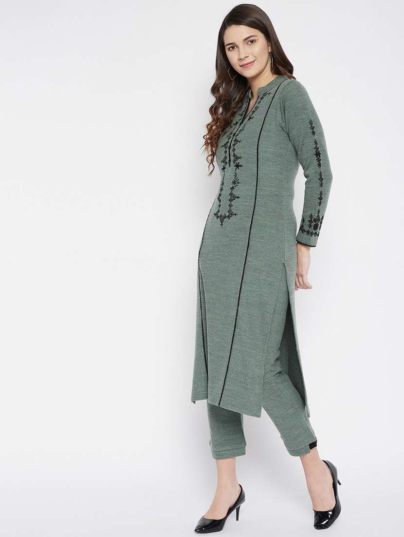 women long sleeve woollen kurta pant set - 20506639 - Standard Image - 2