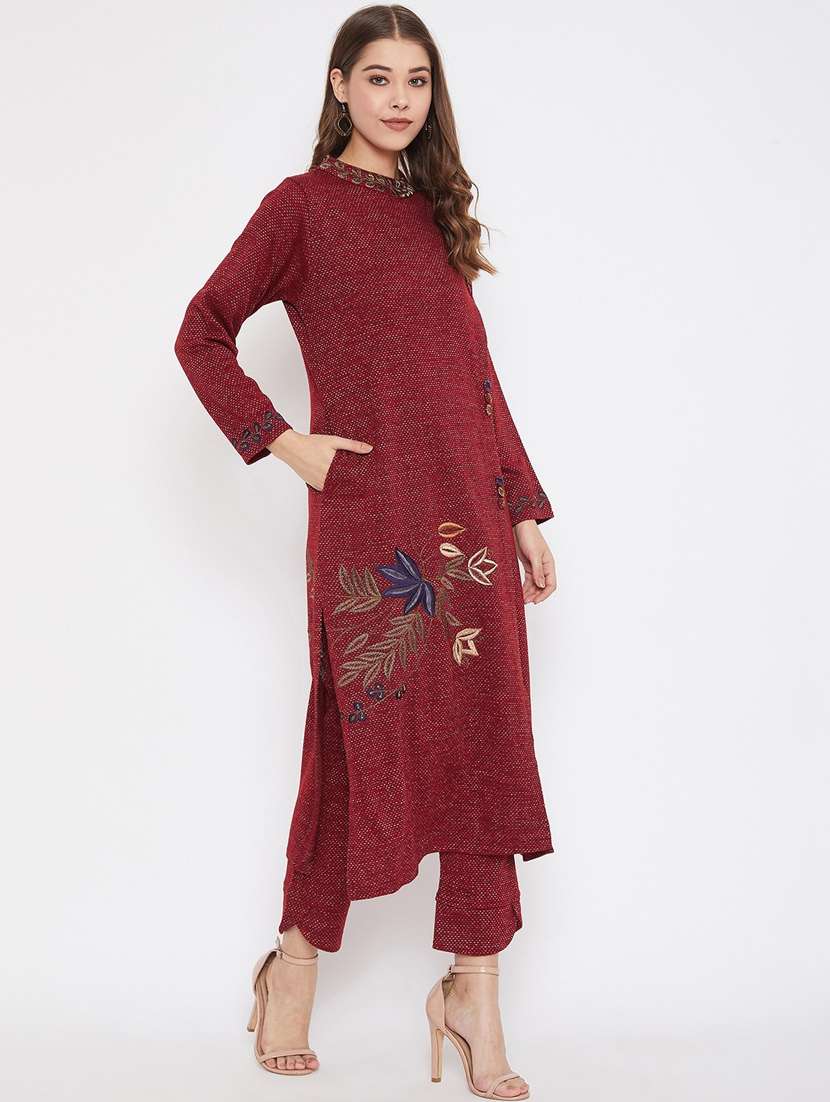 women long sleeve woollen kurta pant set - 20506690 -  Standard Image - 2