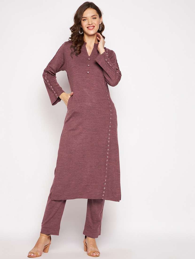 women mauve self design long sleeve kurta pant set