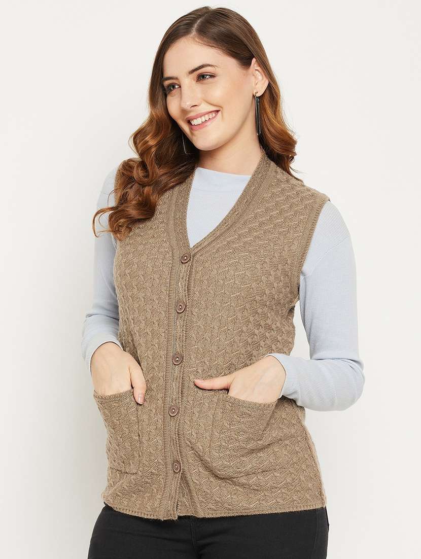 women brown sleeveless cardigan