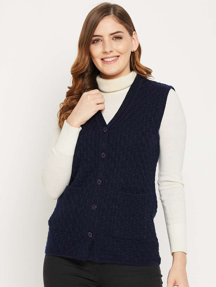 women navy blue sleeveless cardigan