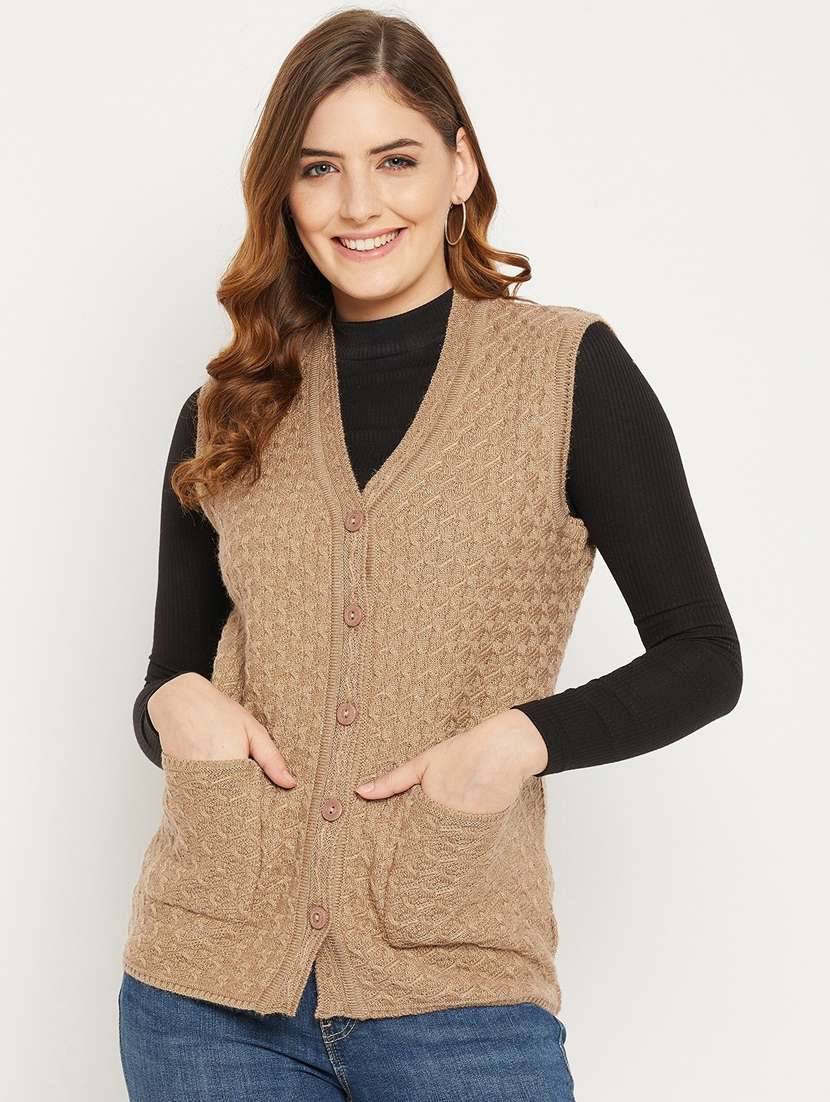 women brown sleeveless cardigan