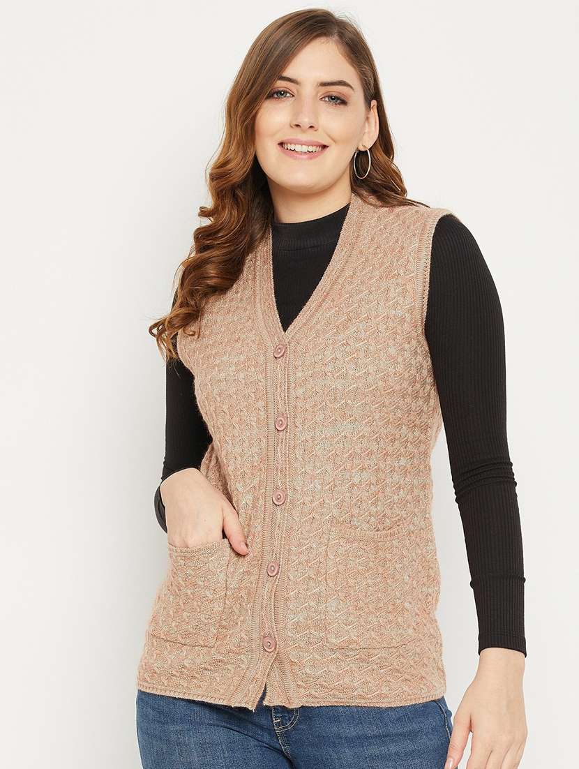 women tan sleeveless cardigan