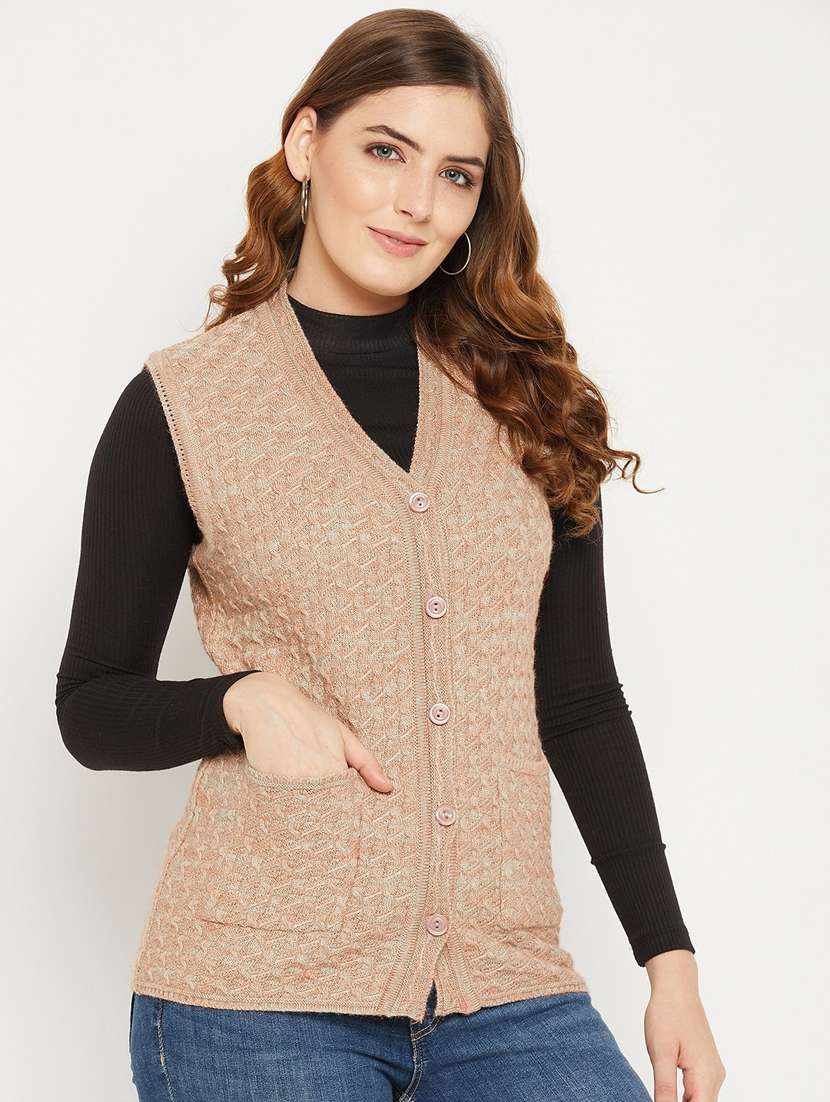 Women Tan Sleeveless Cardigan - 20507013 -  Standard Image - 2