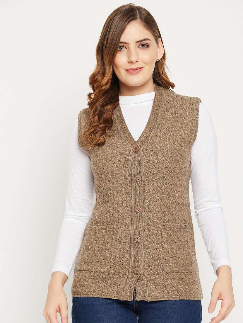 women brown sleeveless cardigan