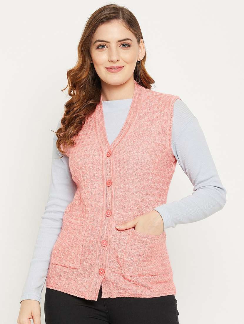women peach sleeveless cardigan