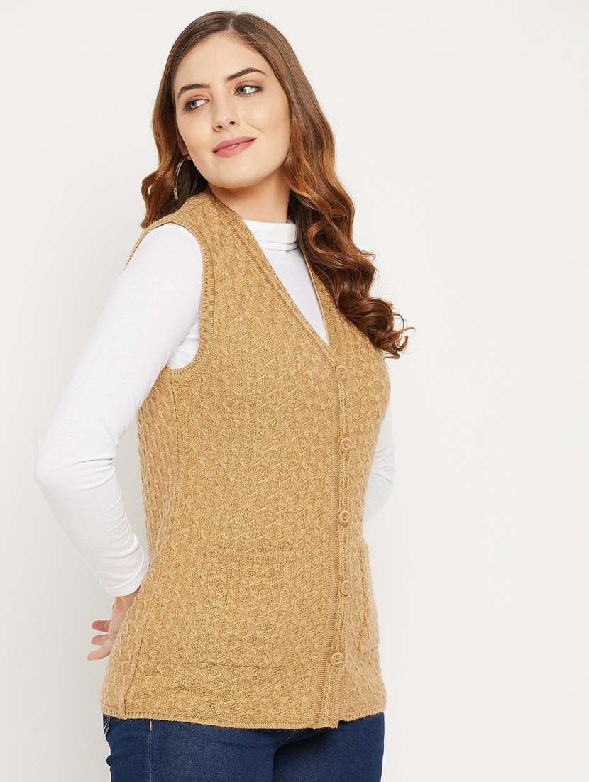 women khaki sleeveless cardigan - 20507027 - Standard Image - 2