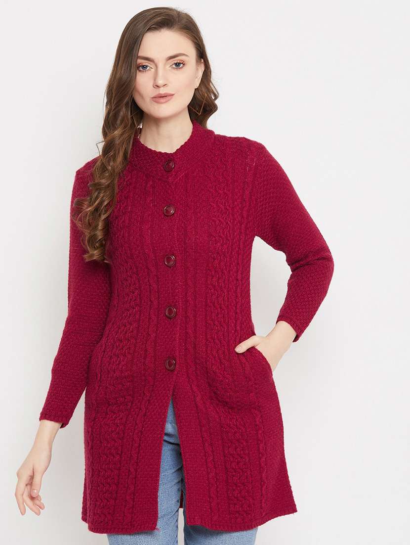 maroon self designed woolen cardigan
