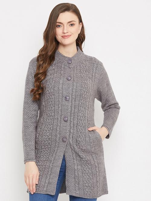 grey self designed woolen cardigan - 20507054 - Standard Image - 0