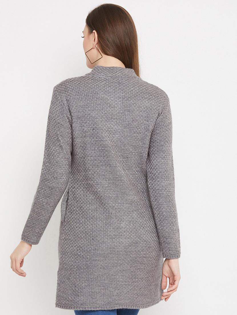 grey self designed woolen cardigan - 20507054 - Standard Image - 2