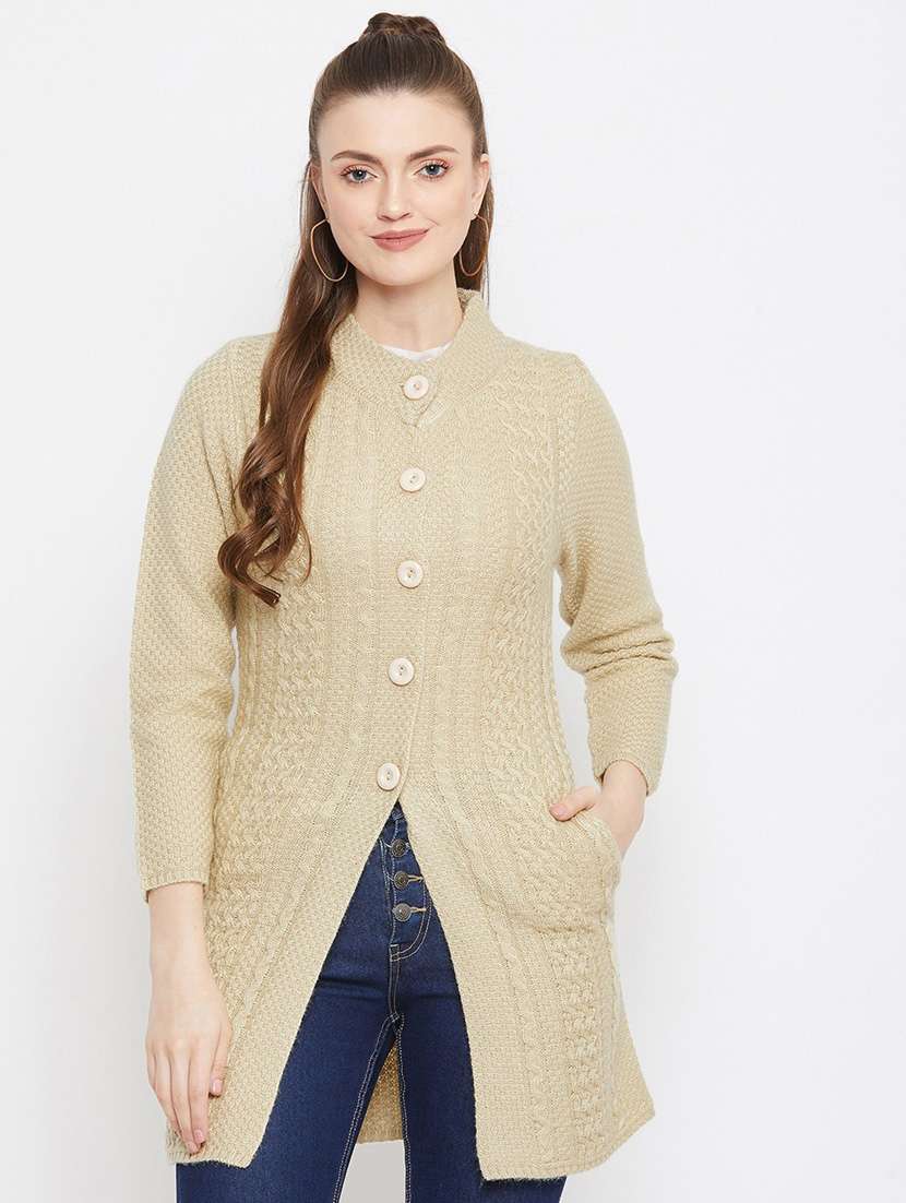 beige self designed woolen cardigan