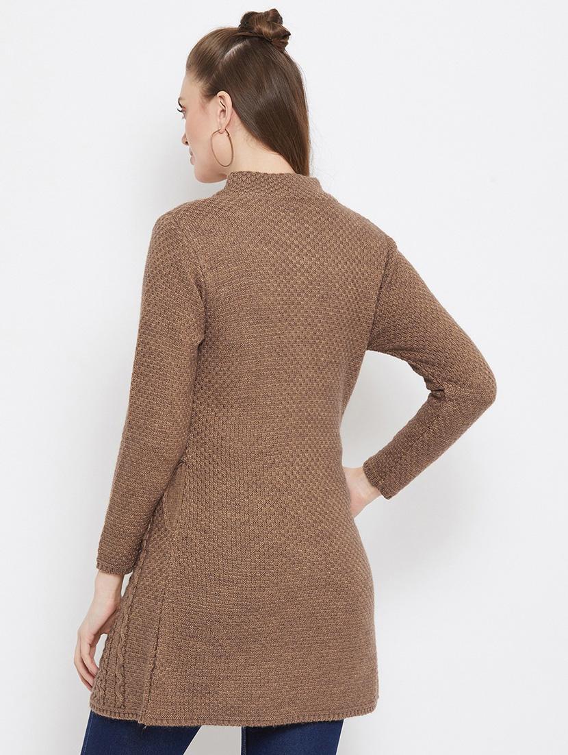 brown self designed woolen cardigan - 20507059 - Standard Image - 2