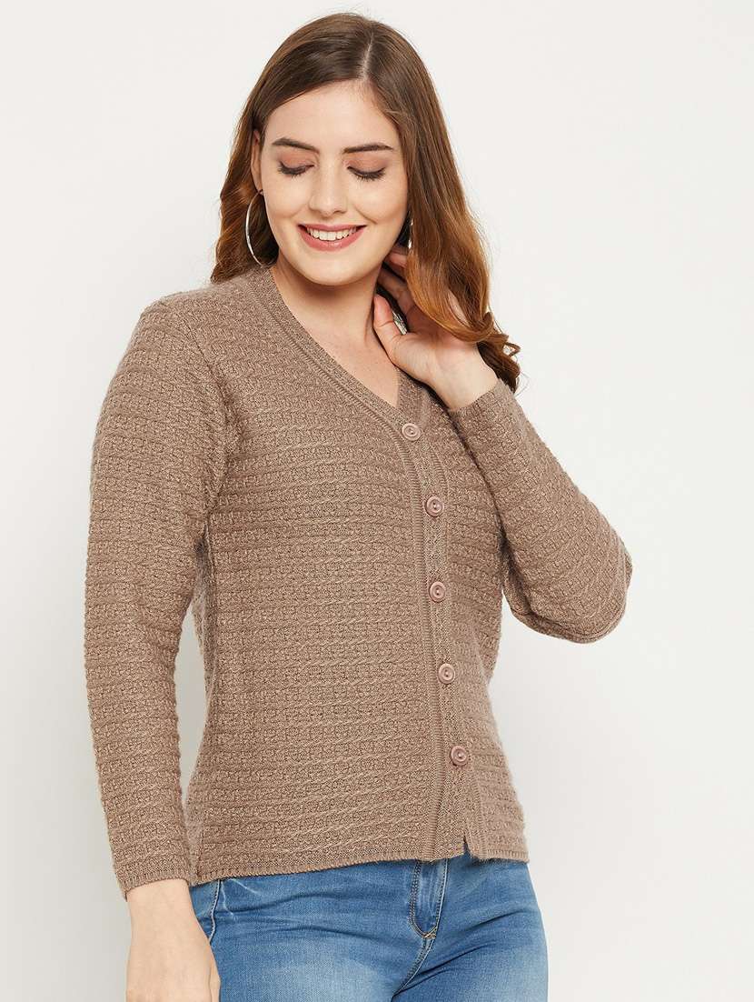 beige self designed woolen cardigan - 20507062 -  Standard Image - 2