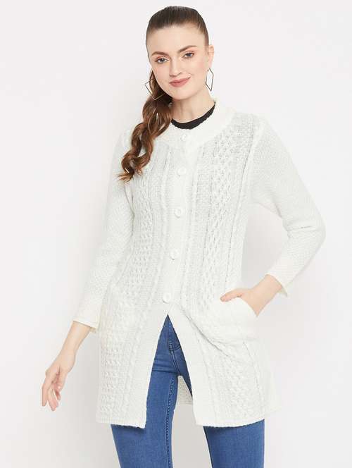 white self designed woolen cardigan - 20507083 - Standard Image - 0