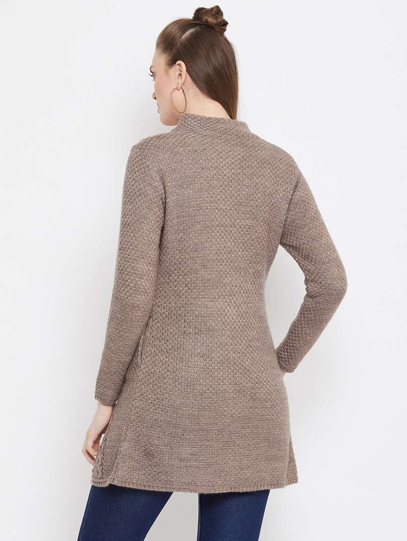 brown self designed woolen cardigan - 20507090 - Standard Image - 2