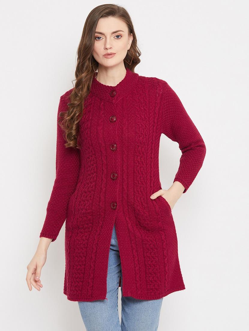 maroon self designed woolen cardigan - 20507091 - Zoom Image - 0