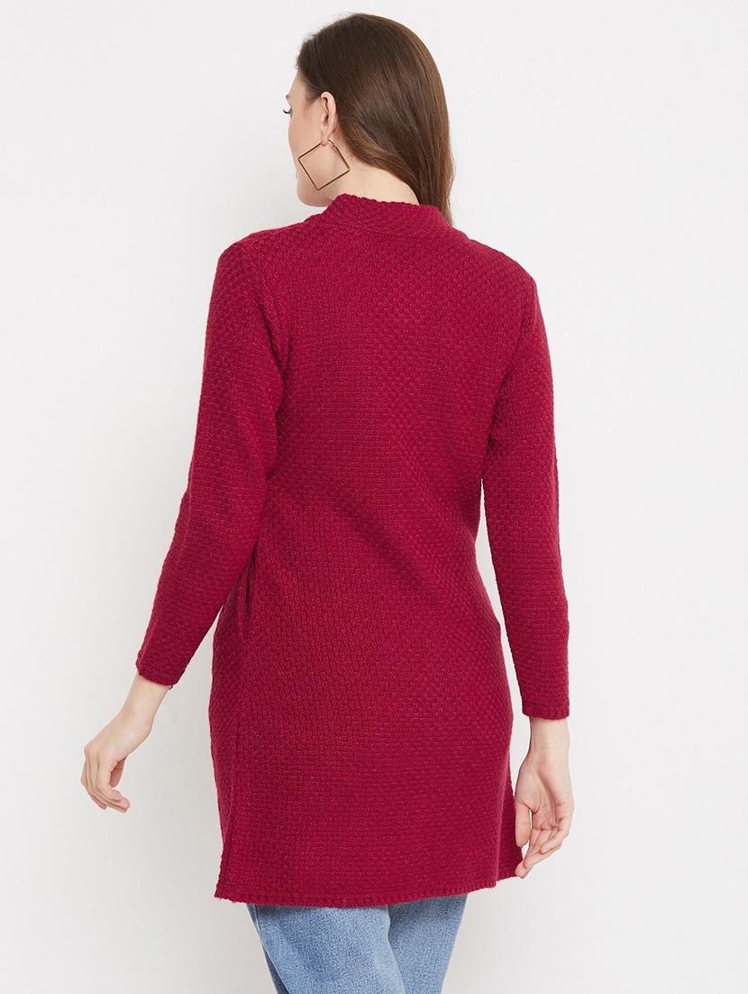 maroon self designed woolen cardigan - 20507091 - Standard Image - 2
