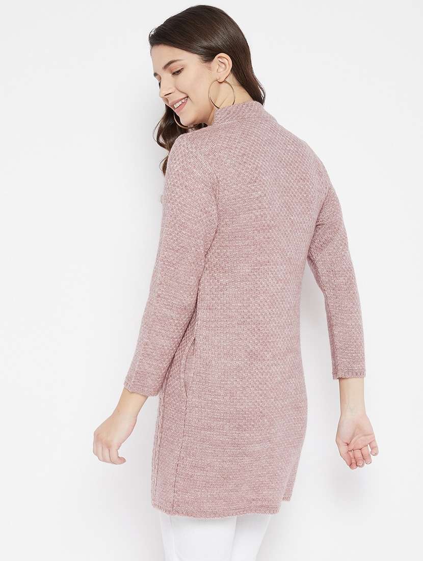 women pink self designed woolen cardigan - 20507093 -  Standard Image - 2