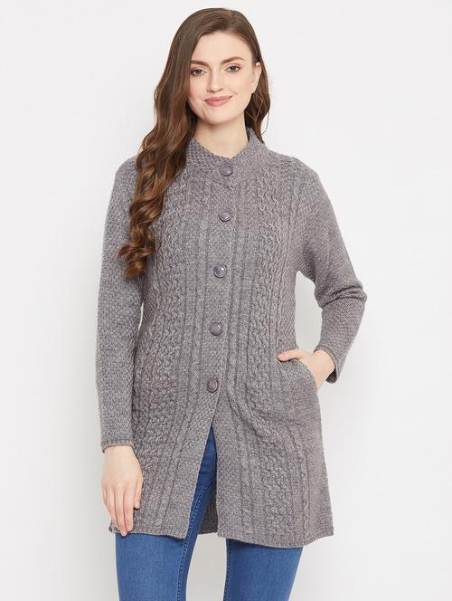 grey self designed woolen cardigan - 20507094 - Standard Image - 0