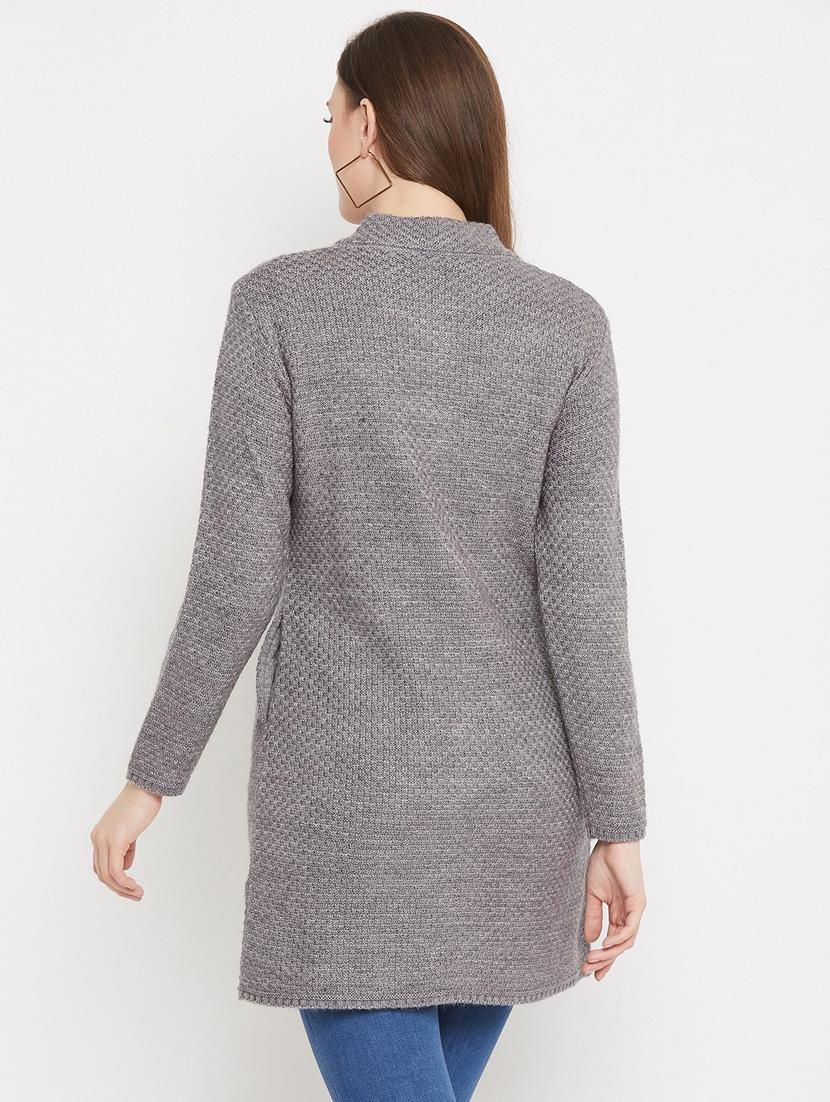 grey self designed woolen cardigan - 20507094 - Standard Image - 2