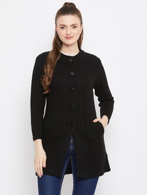 black self designed woolen cardigan - 20507098 - Standard Image - 0