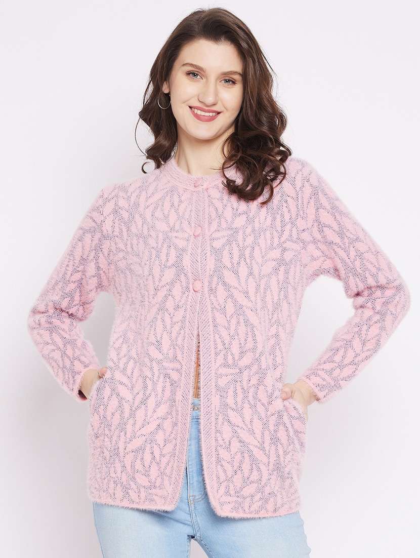 pink self designed woolen cardigan
