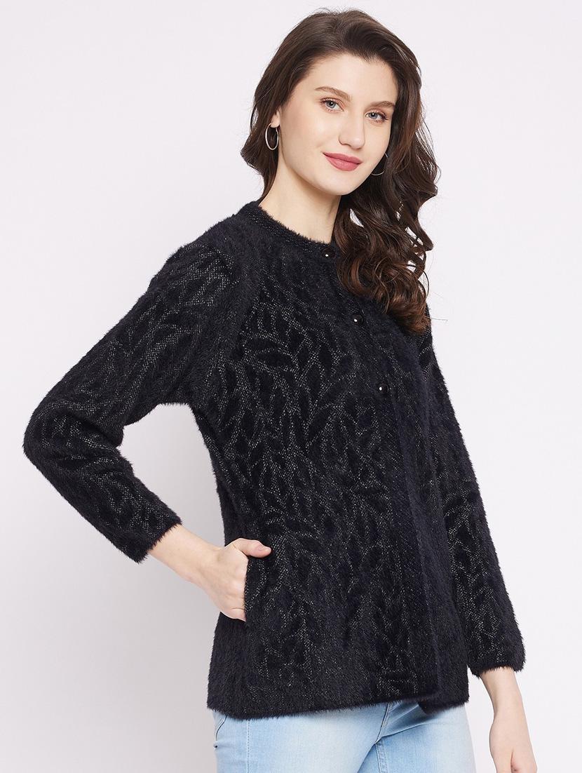 black self designed woolen cardigan - 20507103 - Standard Image - 2