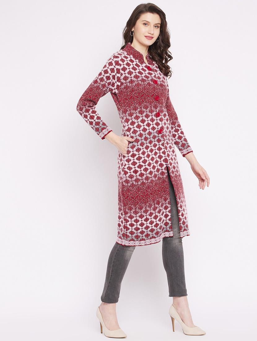 maroon self designed woolen cardigan - 20507108 - Standard Image - 2