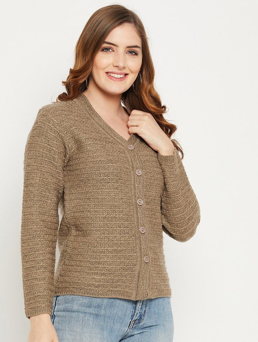 brown self designed woolen cardigan - 20507114 - Standard Image - 2