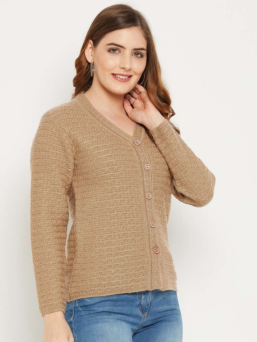 khaki self designed woolen cardigan - 20507120 - Standard Image - 2