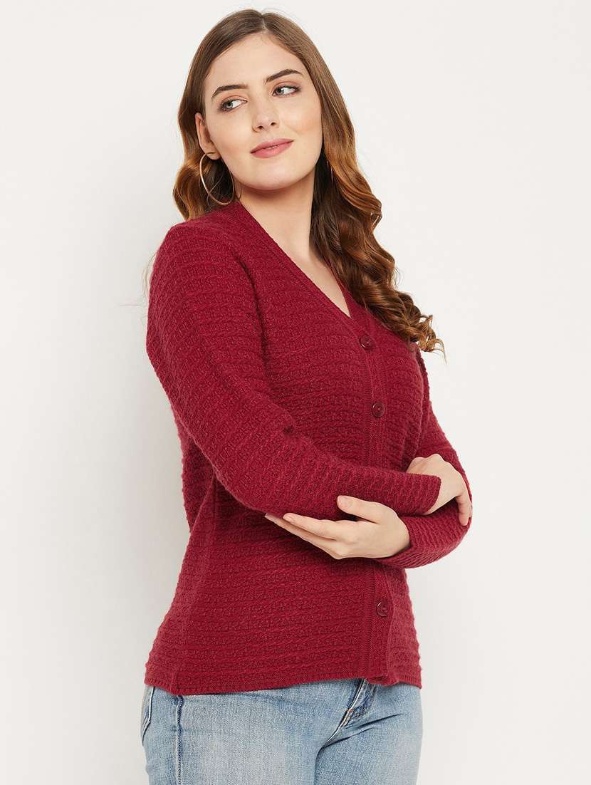 maroon self designed woolen cardigan - 20507122 -  Standard Image - 2